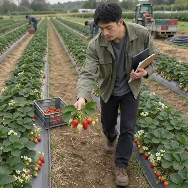 a worker walking through rows of strawberry plants examining berries and foliage while carrying a tablet and clipboard