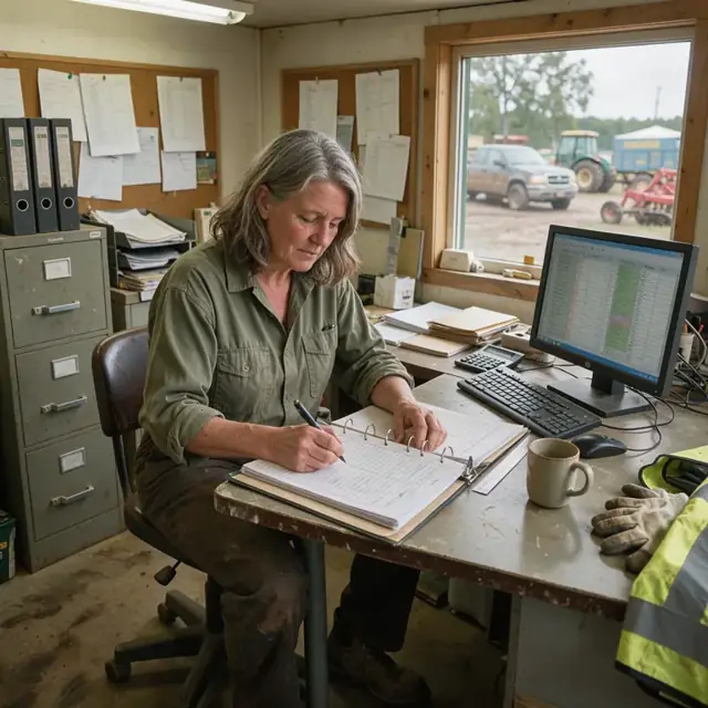 a person in a farm office updating a binder of spray records next to a computer showing harvest logs