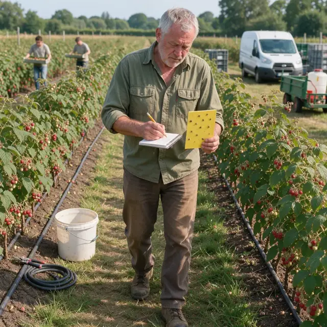 a person walking through raspberry rows with a yellow sticky trap in one hand and a notepad recording insect counts