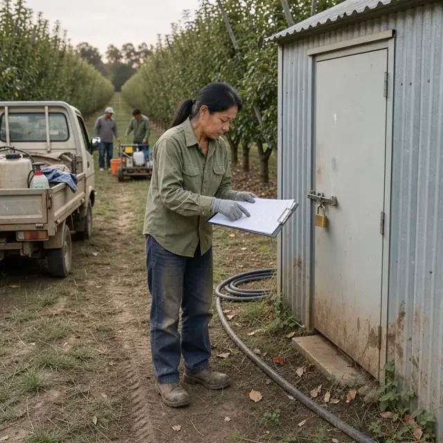 a worker reviewing a clipboard of spray records while standing beside a locked chemical storage shed between orchard rows