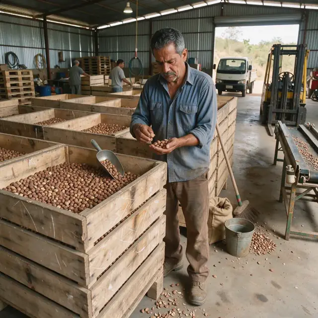 a worker examining a sample of nuts next to stacked wooden bins inside a large shaded packing shed