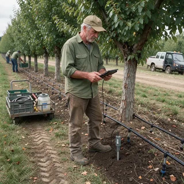 a worker standing in an orchard row checking a tablet next to a soil moisture probe and drip irrigation line running along the base of mature trees