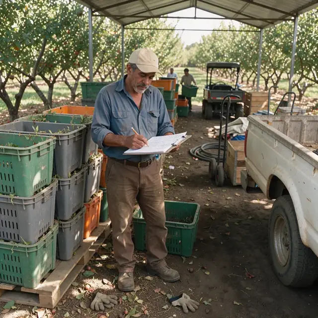 a worker reviewing a clipboard checklist beside stacked harvest bins in a shaded orchard staging area