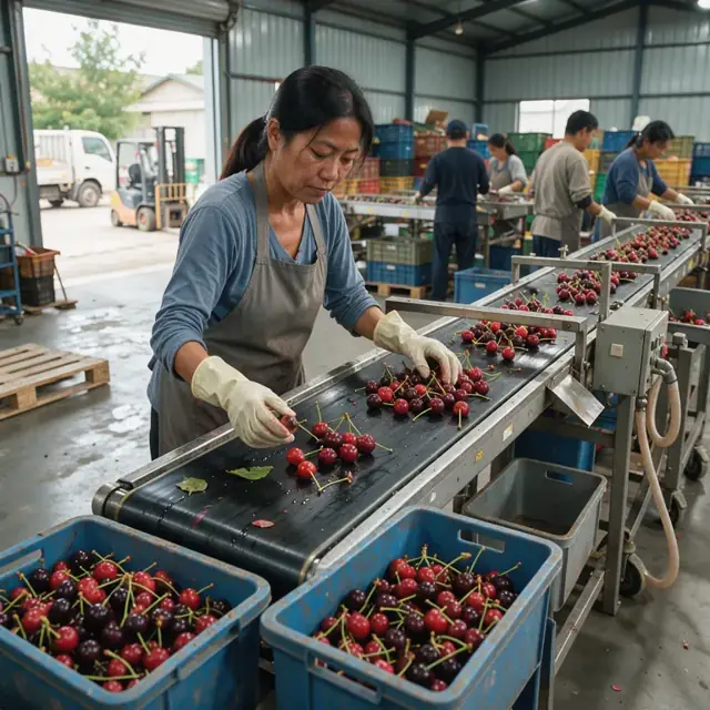 a worker sorting cherries on a packing line conveyor with bins of fruit staged beside the equipment