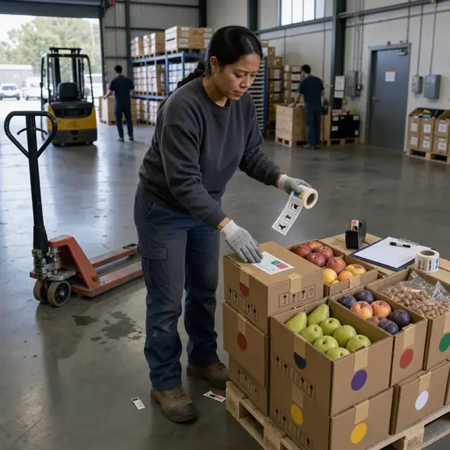 a worker labeling packed boxes of mixed tree fruit and nuts on a pallet in a cool warehouse