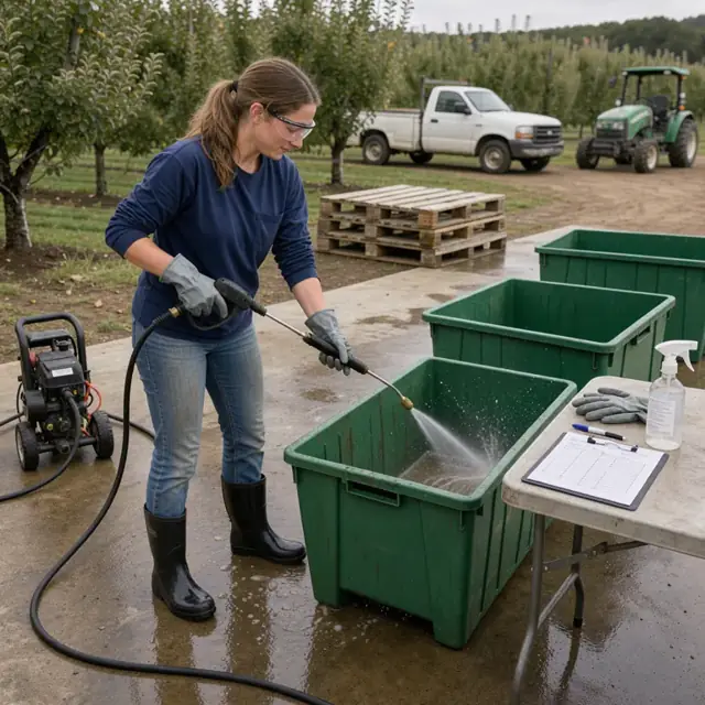 a worker cleaning harvest bins with a pressure washer beside an orchard while a sanitation log sheet rests on a nearby table