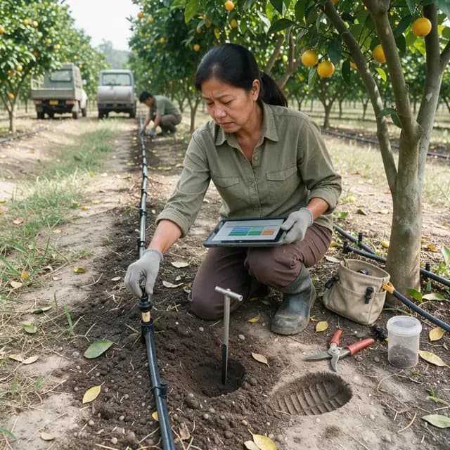 a worker in an orchard checking drip irrigation emitters along a row of fruit trees with a tablet and soil probe