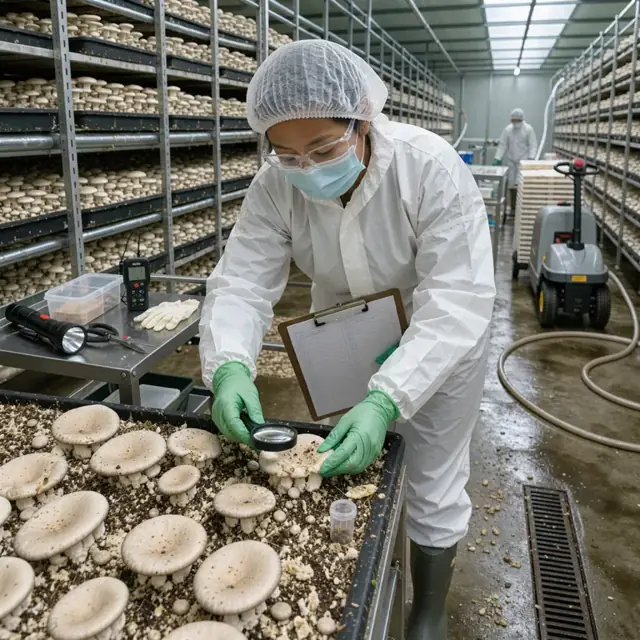 a worker in protective gear examining mushroom trays for signs of pests while holding a clipboard in a growing room