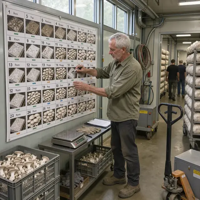 a worker marking dates on a large wall calendar showing multiple growing rooms and their current mushroom growth stages