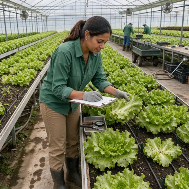 a worker writing on a clipboard while inspecting leaves of lettuce plants for pests under natural light inside a greenhouse