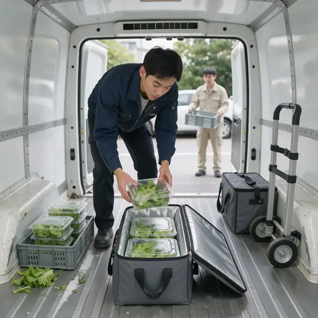 a worker loading stacked clear clamshells of fresh greens into an insulated cooler bag inside a refrigerated van