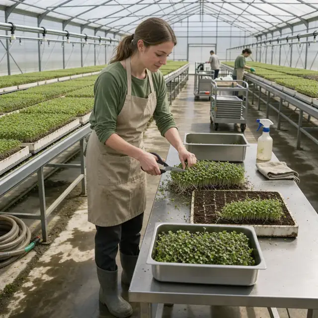 a worker cutting mature microgreens with scissors into a stainless steel bin on a harvest table inside a greenhouse aisle