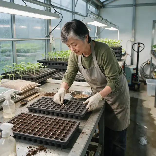 a worker placing tiny seeds into foam trays under a bright grow light inside a propagation room