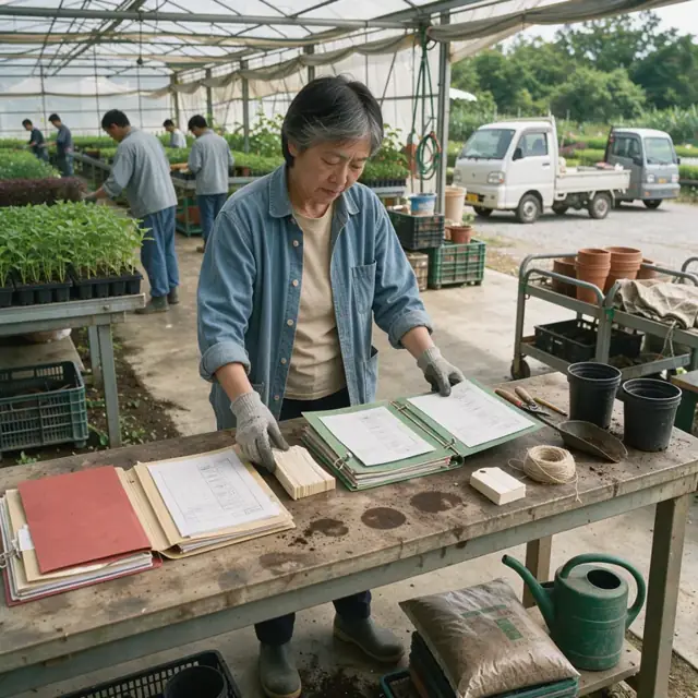 a worker at a potting bench organizing folders of plant tags, pesticide logs and nursery license documents
