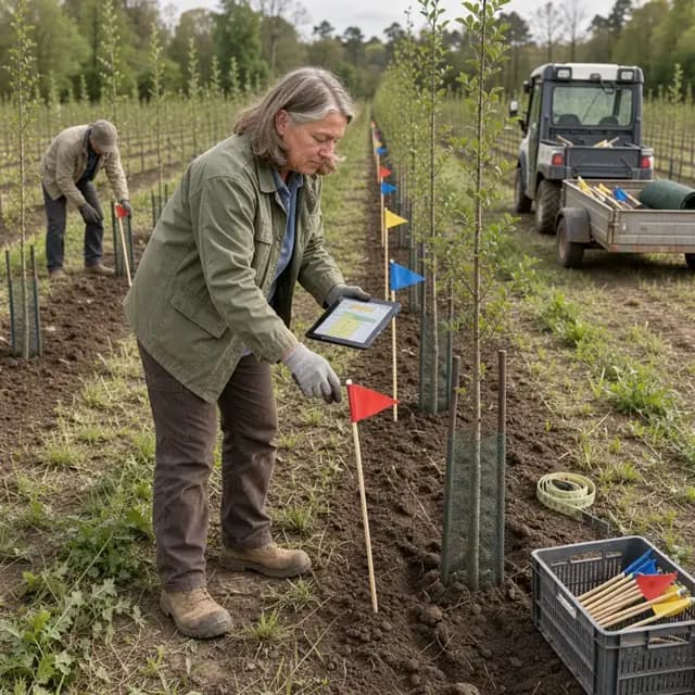 a worker marking rows of young trees in a field with flags while holding a tablet showing a planting schedule