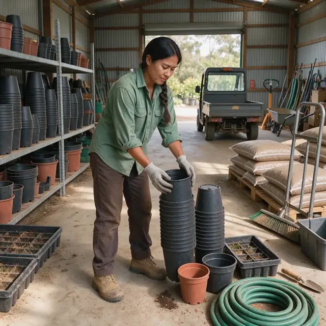 a worker organizing stacks of nursery pots and bags of potting media inside a large storage shed
