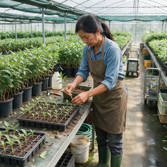 a worker taking stem cuttings from stock plants and inserting them into trays of propagation media inside a shaded greenhouse