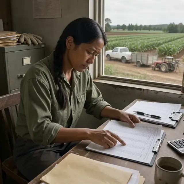 reviewing a stack of field record sheets and pesticide logs at a desk beside a window overlooking tobacco fields