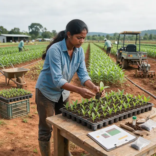 standing at the edge of a tobacco field examining young seedlings in a float tray next to a clipboard and soil test results