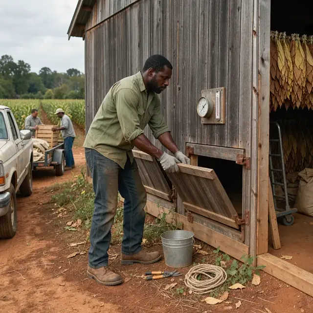 adjusting vents on a wooden tobacco curing barn with a thermometer and humidity gauge visible on the wall