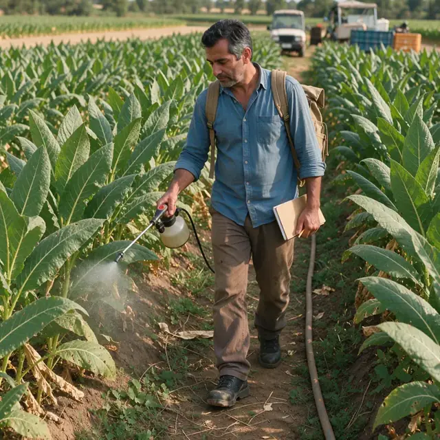 walking through rows of tall tobacco plants using a hand-held sprayer while carrying a backpack and notebook