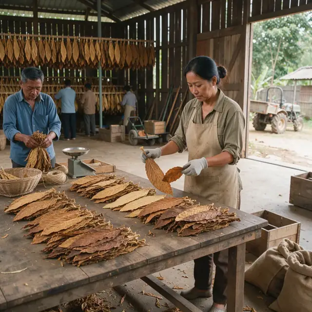 sorting cured tobacco leaves by color and quality on a wooden grading table inside a barn