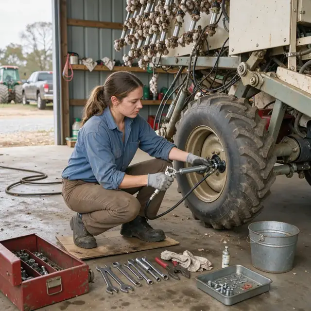 a worker greasing a large cotton picker in an open equipment shed with tools laid out nearby