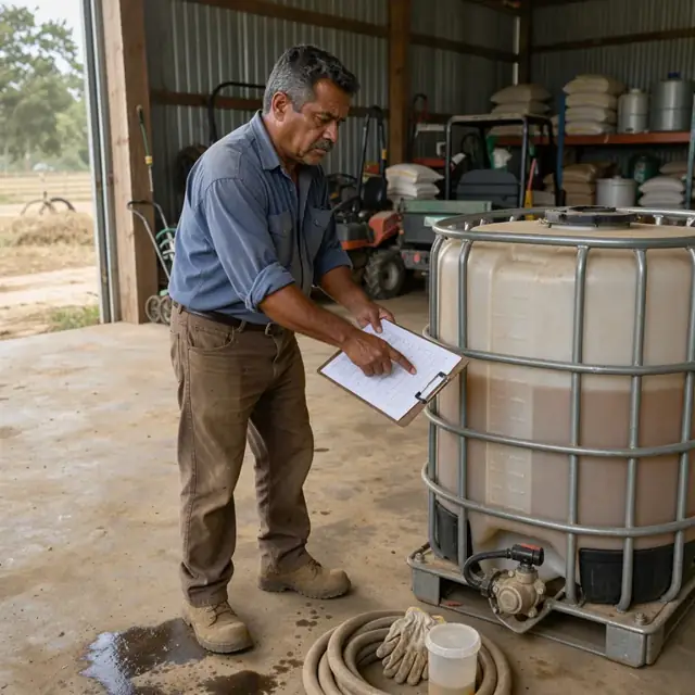 a worker standing beside a large fertilizer tank checking levels against a printed inventory sheet in a farm shed