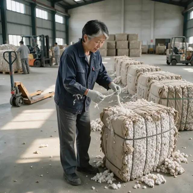 a worker examining a sample of cotton lint next to a row of numbered bales inside a warehouse