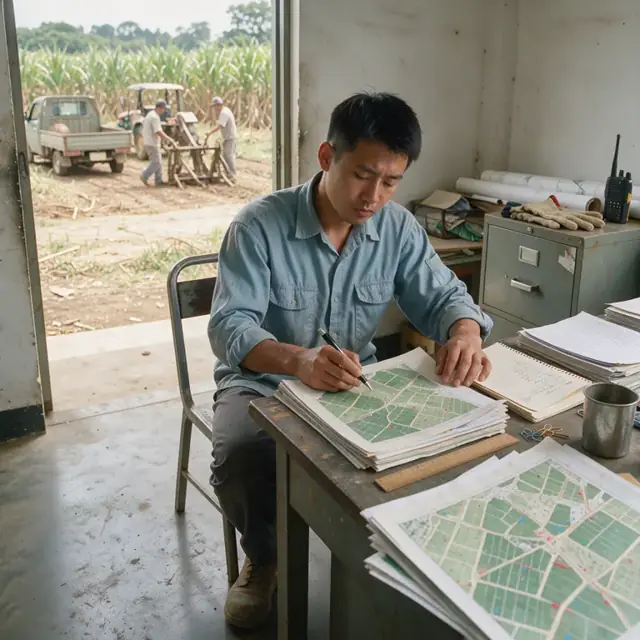 a worker at a desk reviewing stacked paperwork and maps of sugarcane fields with a pen in hand