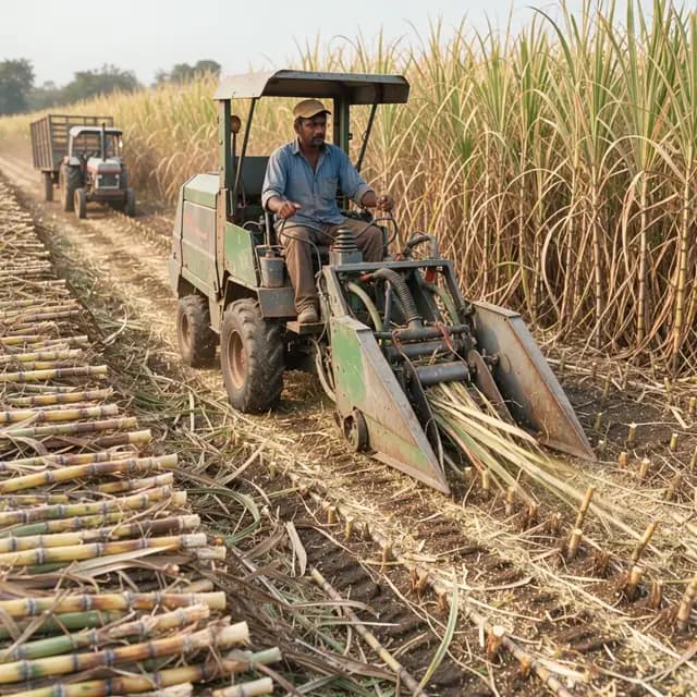a worker operating a mechanical sugarcane harvester cutting mature stalks in a large field with cut cane piled in rows