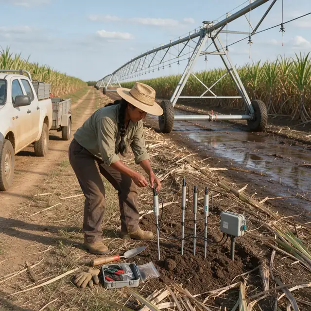 a worker standing at the edge of a sugarcane field checking soil moisture probes next to a large center-pivot irrigation system