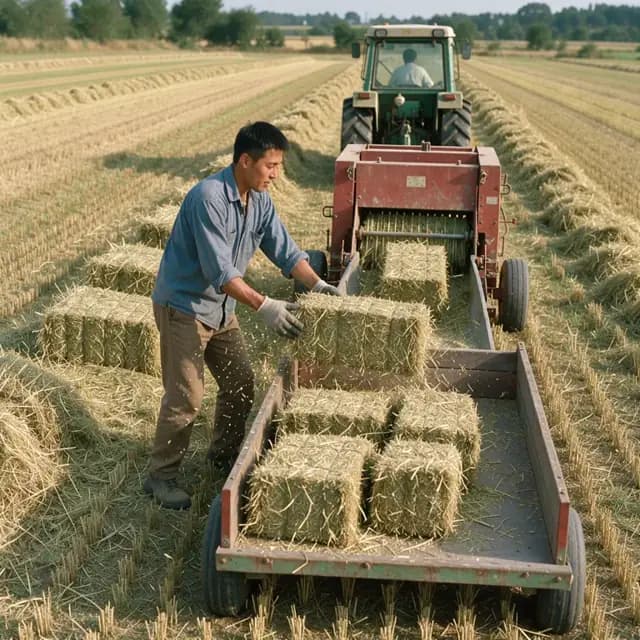 a square baler ejecting fresh hay bales into a trailing wagon in a recently cut field with rows of drying hay