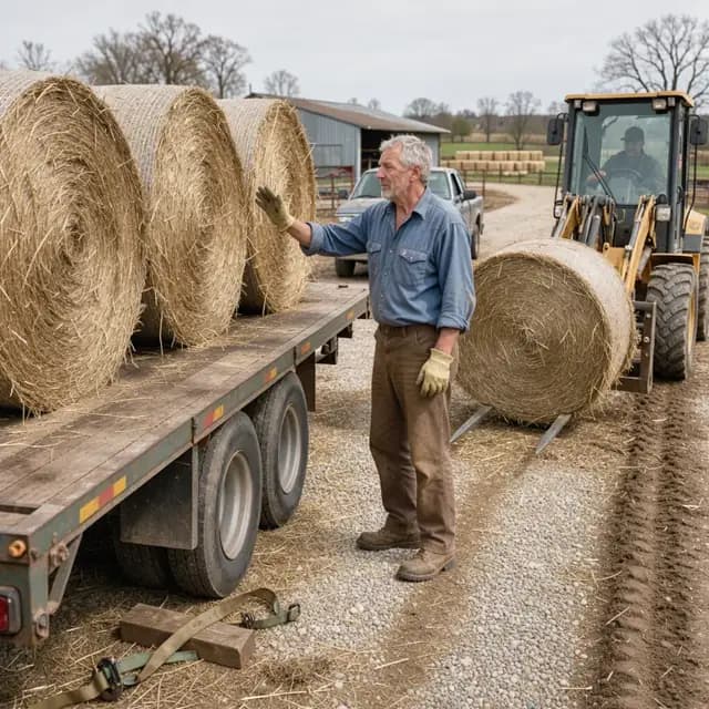 a flatbed trailer being loaded with large round hay bales by a front-end loader on a gravel farmyard