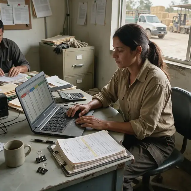 a worker at a desk with a laptop open to a spreadsheet of hay inventory and a stack of load tickets