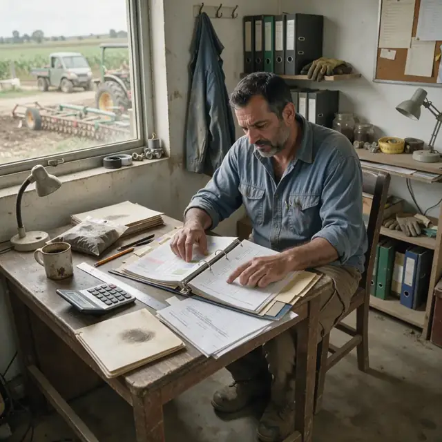 a worker sitting at a wooden desk in a farm office reviewing a binder of soil test reports and equipment maintenance logs
