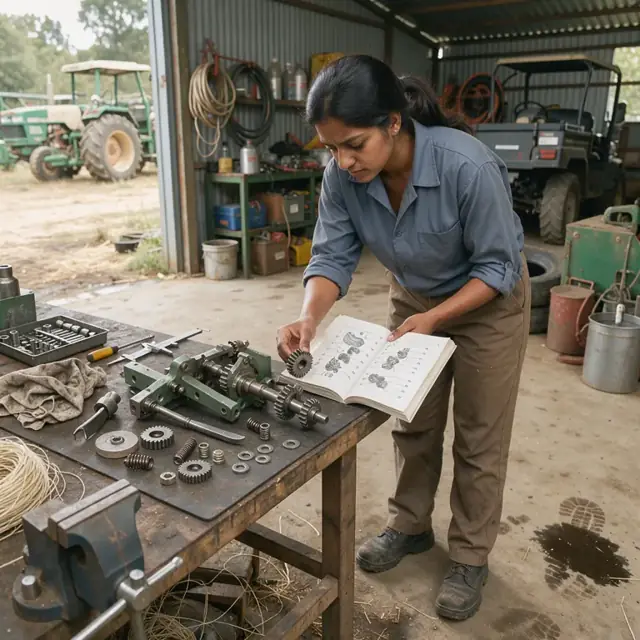 a worker in a equipment shed checking a parts catalog against a disassembled baler knotter on a workbench