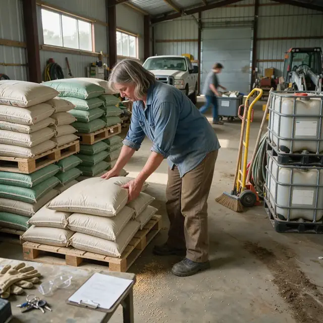 a worker organizing stacked seed bags and chemical totes inside a locked farm chemical storage building