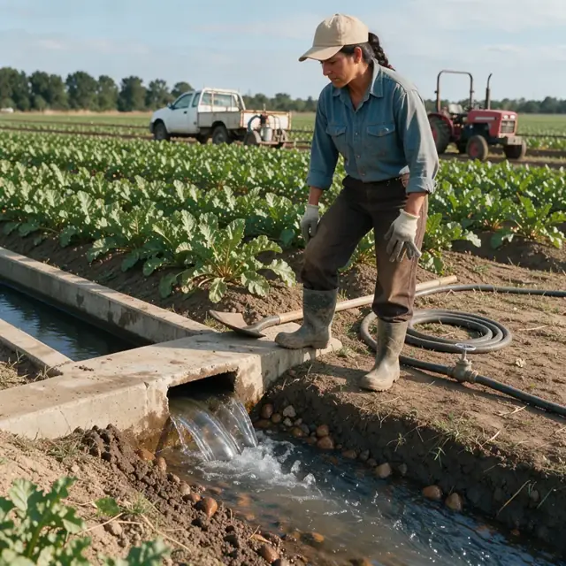 a worker standing at the edge of a sugar beet field watching water flow from a concrete irrigation ditch into a furrow