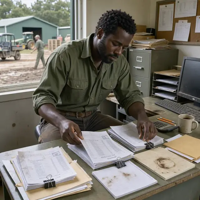 a worker at a desk in a farm office sorting through stacks of soil test reports, spray logs and delivery receipts