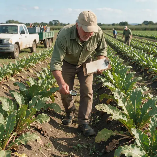 a worker walking through rows of sugar beets with a clipboard and hand lens inspecting leaves for insect damage