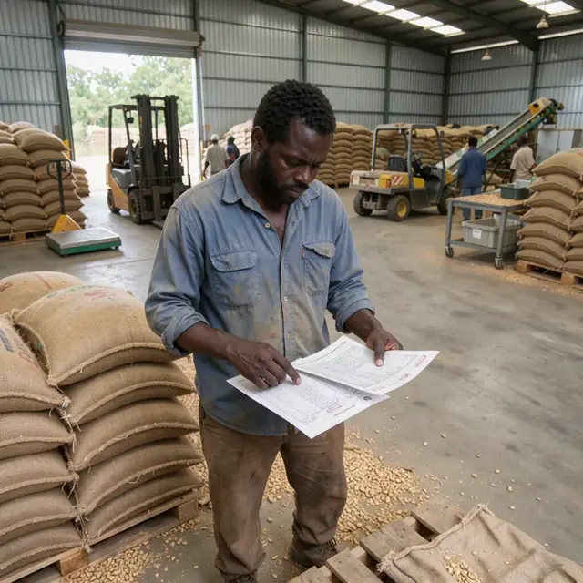 a grower examining a printed grade certificate and contract terms while standing inside a peanut storage warehouse