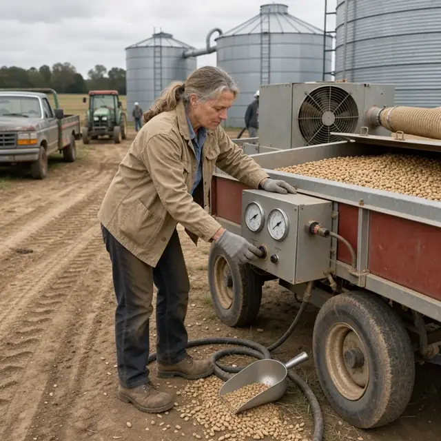a grower checking temperature and moisture gauges on a large peanut drying wagon parked beside storage bins