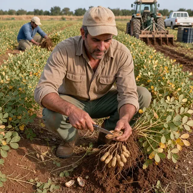 a grower pulling peanut pods from the ground and scraping hulls with a knife to check maturity in a field ready for digging