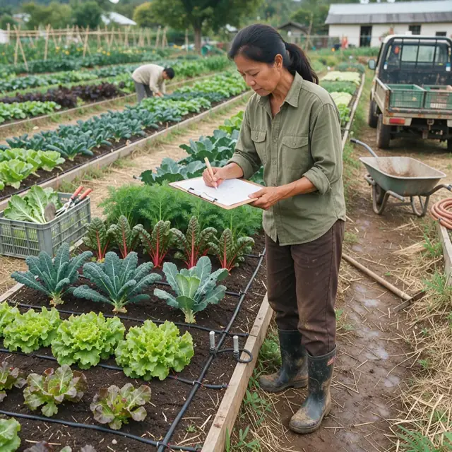 a person standing at the edge of a raised bed reviewing a clipboard of crop orders next to rows of mixed vegetables