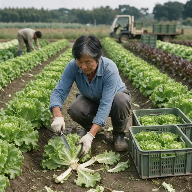 a person cutting mature lettuce heads with a knife and placing them into harvest crates in the middle of a leafy green field
