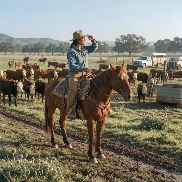 a worker on horseback scanning a herd of cattle spread across a grassy pasture with morning light