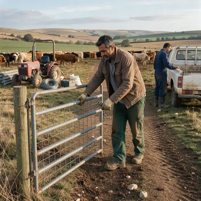 a worker opening a wire gate between two large pastures with cattle visible in the distance and rolling hills