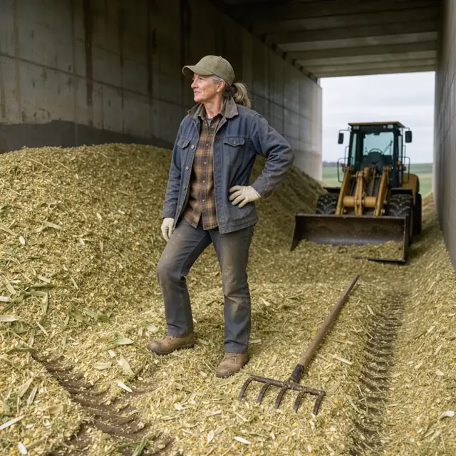 a worker standing on a pile of corn silage in a large bunker with a front-end loader in the background