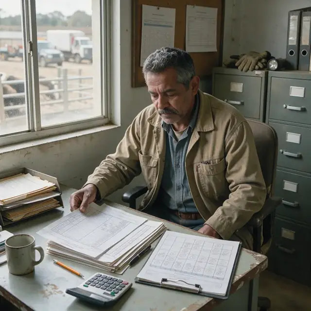 a worker at a desk in a feedlot office reviewing printed treatment records and a calendar of due dates